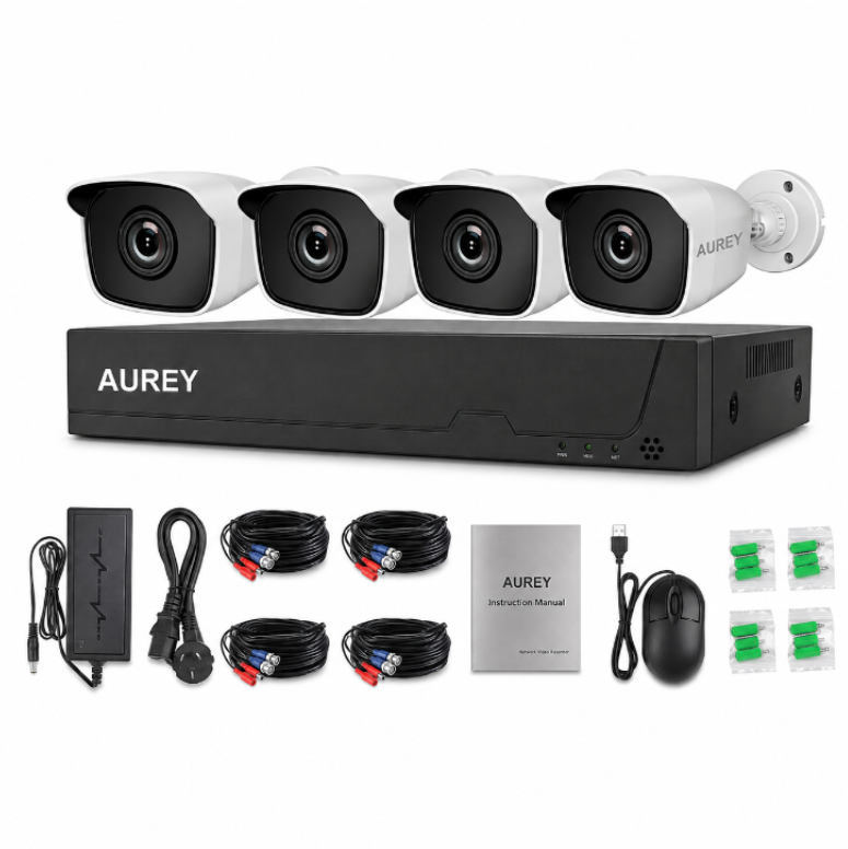 AUREY 4-Channel Wired Security Camera System, Compact Outdoor CCTV Kit with DVR, Night Vision & Remote Viewing, Hard Drive Not Included