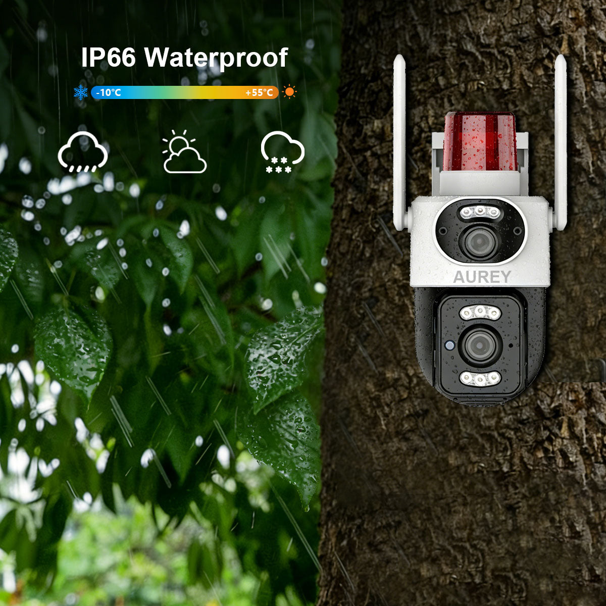 AUREY Dual-Lens WiFi 4MP PTZ Security Camera with Siren Alarm Light, Night Vision, Motion Detection & Two-Way Audio