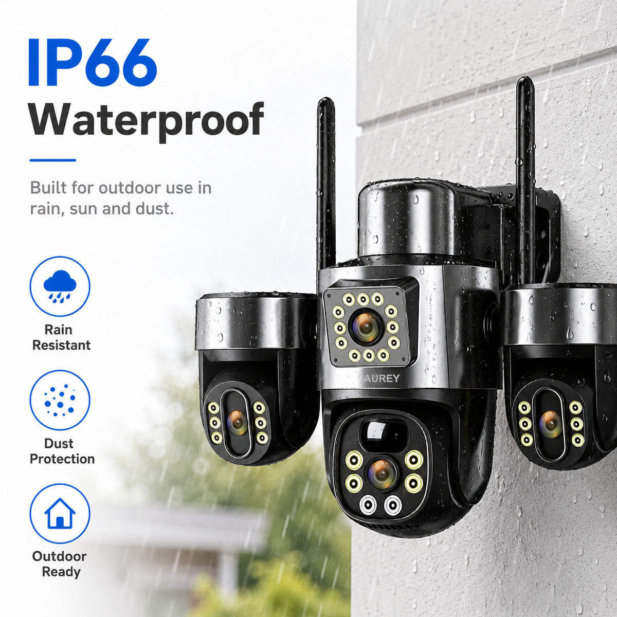 AUREY Multi-Lens WiFi PTZ Security Camera, Outdoor Wireless Camera with Night Vision, Motion Detection & Two-Way Audio