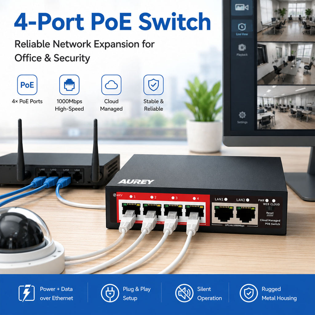 AUREY 4-Port Gigabit PoE Switch, 4 PoE Ports + 2 Uplink LAN Ports for PoE CCTV Cameras, NVR and Security Systems