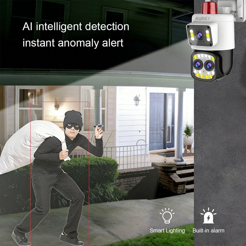 AUREY B5W 10X Zoom 4MP Dual-Lens WiFi PTZ Security Camera with Siren Alarm, Night Vision & Two-Way Audio