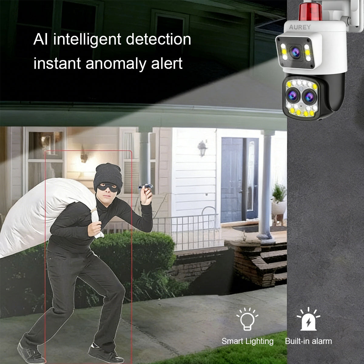 AUREY B5W 10X Zoom 4MP Dual-Lens WiFi PTZ Security Camera with Siren Alarm, Night Vision & Two-Way Audio