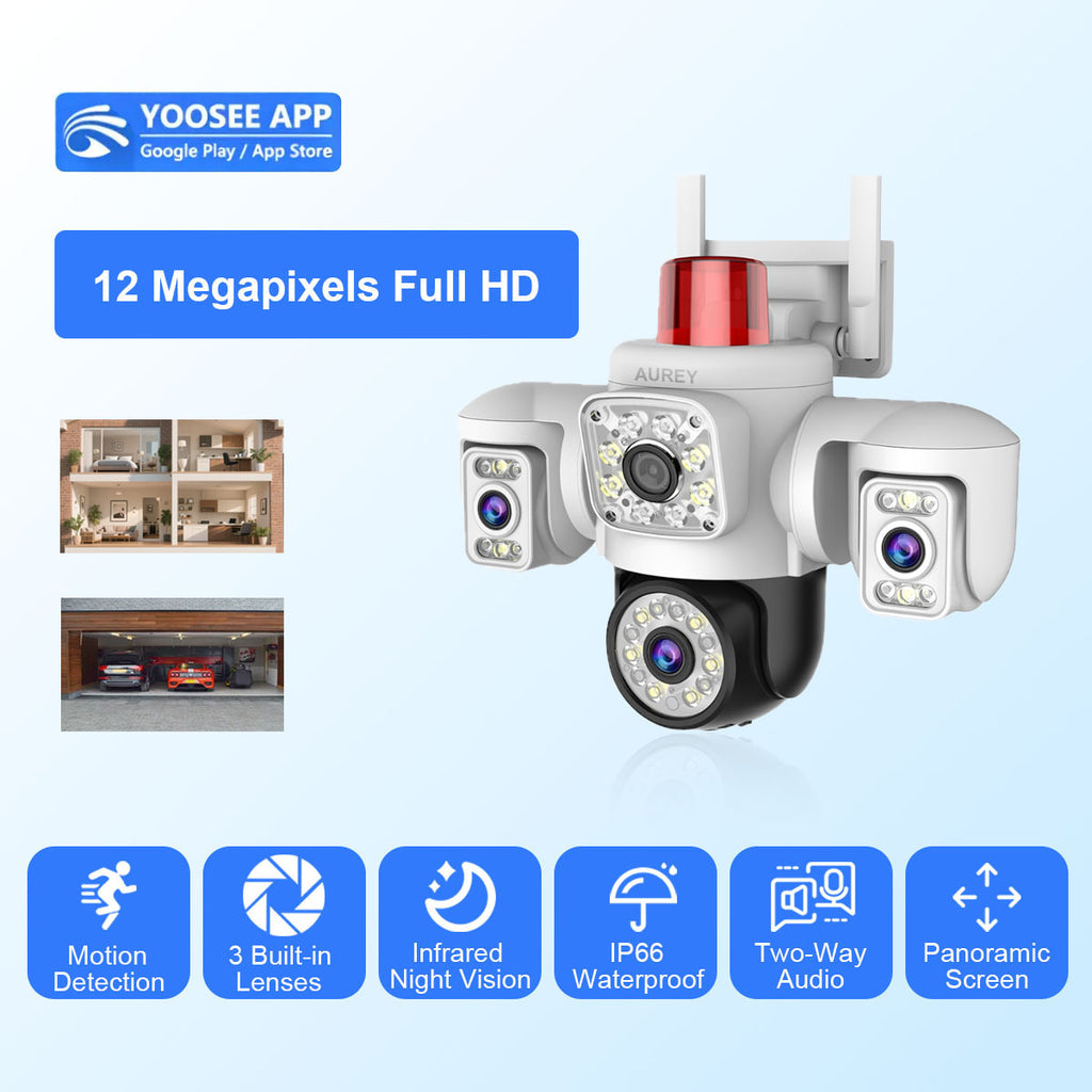 AUREY Triple-lens WiFi 6MP PTZ Security Camera with Siren Alarm, Night Vision, Motion Detection & Two-Way Audio