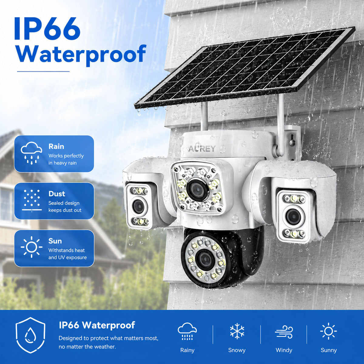 AUREY Solar Multi-Lens PTZ Battery Security Camera, Wireless Outdoor Camera with Night Vision, Motion Detection & Two-Way Audio