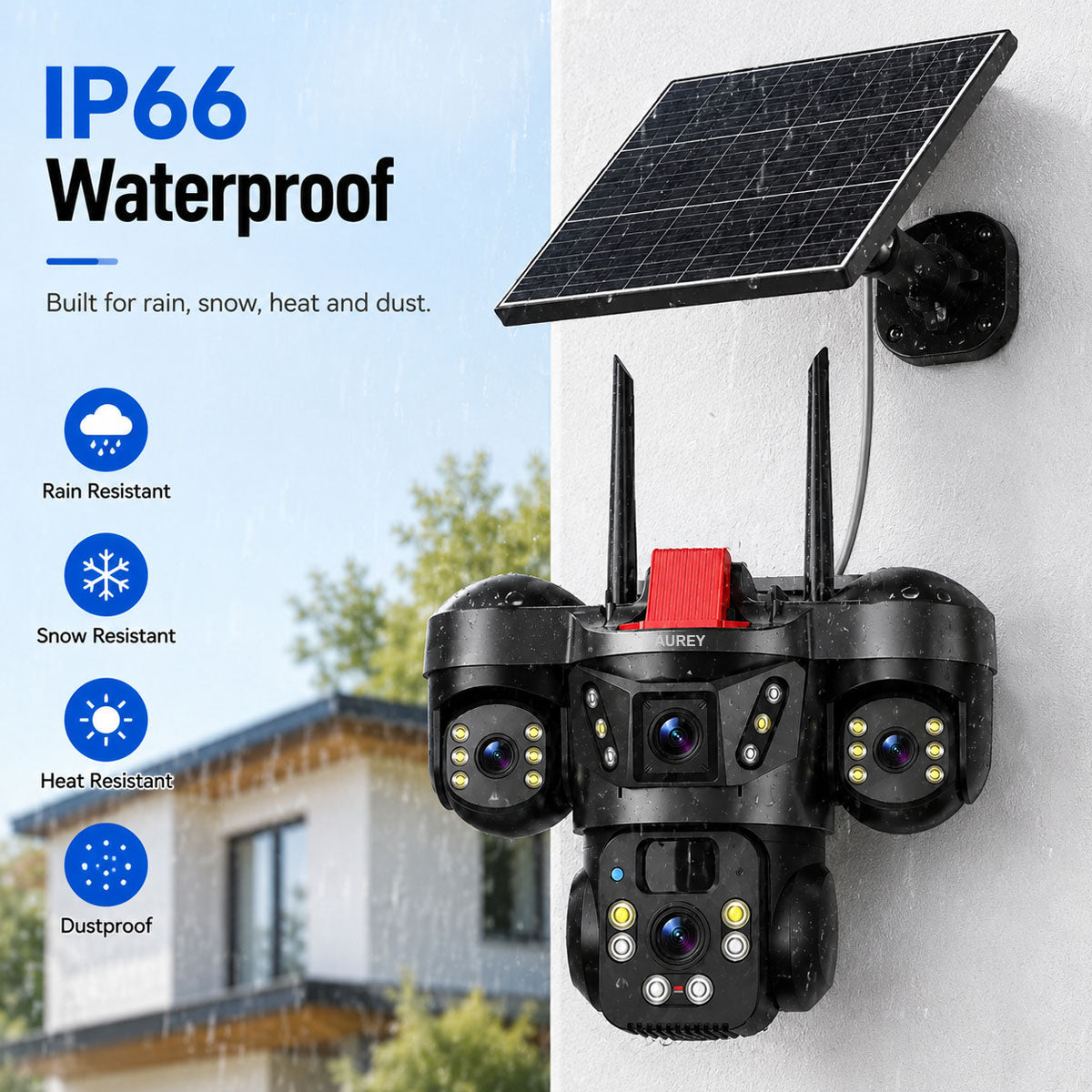 AUREY Solar 4G 6MP Triple-lens PTZ Battery Security Camera, Outdoor Camera with Night Vision, Motion Detection & Two-Way Audio