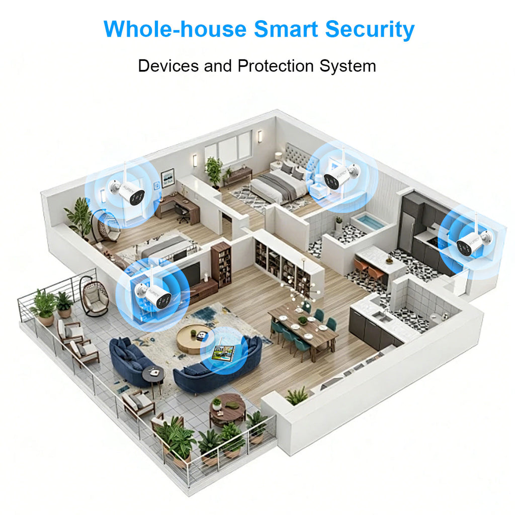 AUREY 4-Channel 3MP WIFI Security Camera System with Monitor, 4-Camera CCTV Kit with Screen, Night Vision & Remote Viewing, Hard Drive Not Included