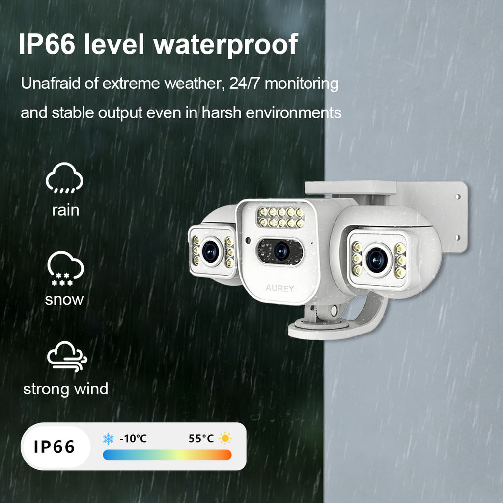 AUREY Triple-lens 6MP PTZ Outdoor Security Camera with Night Vision, Motion Detection & Two-Way Audio