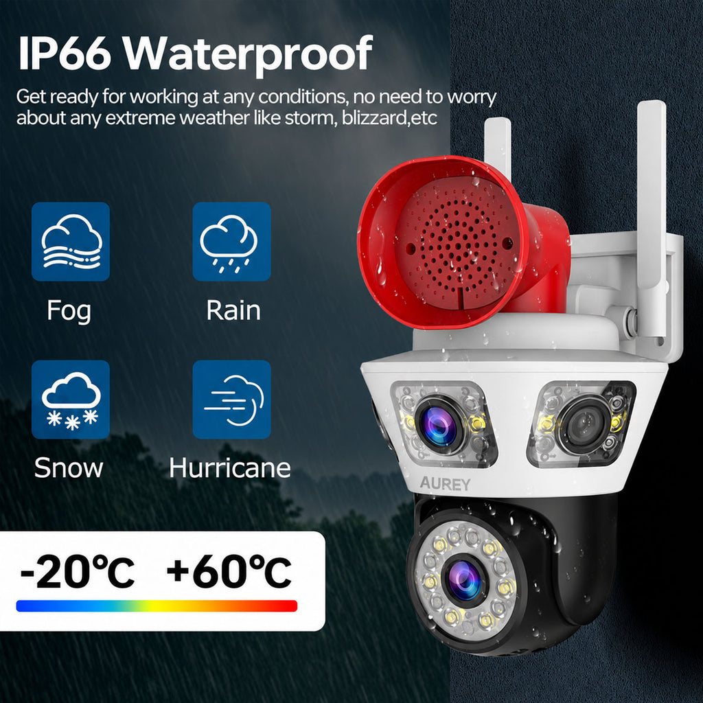 AUREY Dual-Lens  4MP WiFi PTZ Security Camera with Siren Alarm, Night Vision, Motion Detection & Two-Way Audio