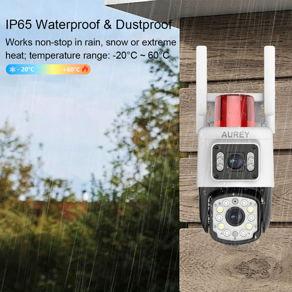Dual-Lens WiFi 4MP  PTZ Security Camera with Siren Alarm Light, Outdoor Camera with Night Vision & Two-Way Audio