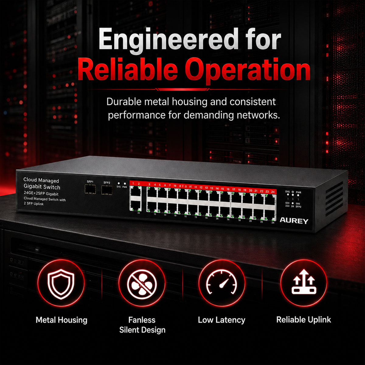 AUREY 24-Port Gigabit Network Switch, 24GE + 2G Uplink + 2SFP Cloud Managed Switch for CCTV, NVR and Business Networks