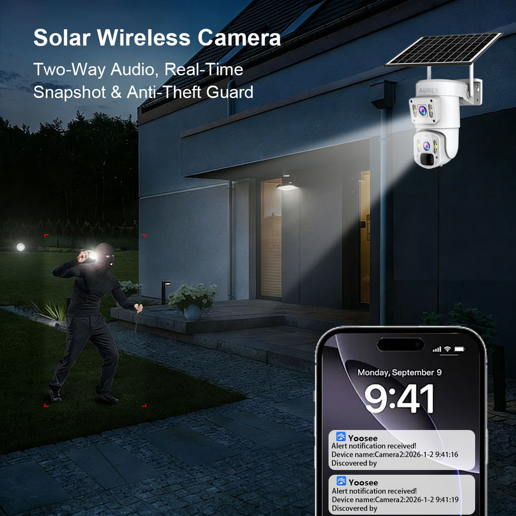 AUREY Solar 4G Dual-Lens 4MP PTZ Security Camera,Outdoor Camera with Smart alarm, Two-Way Audio & IP66 Waterproof
