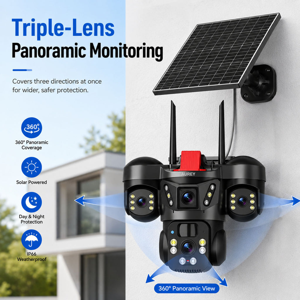 AUREY Solar 4G 6MP Triple-lens PTZ Battery Security Camera, Outdoor Camera with Night Vision, Motion Detection & Two-Way Audio