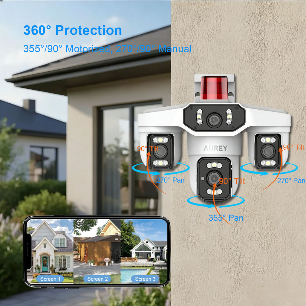 AUREY Triple-lens WiFi 6MP  PTZ Security Camera with Siren Alarm, Night Vision, Motion Detection & Two-Way Audio