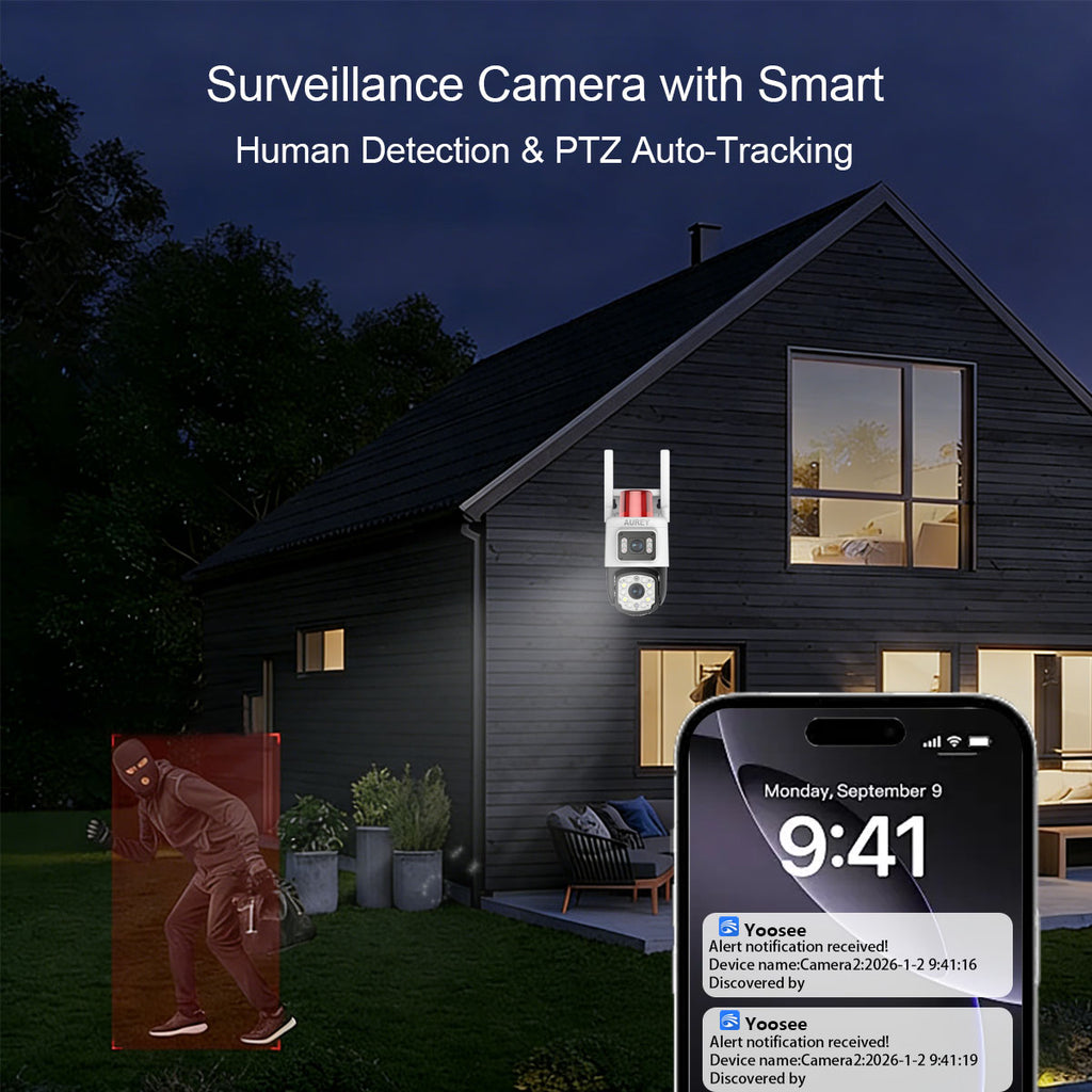Dual-Lens WiFi 4MP  PTZ Security Camera with Siren Alarm Light, Outdoor Camera with Night Vision & Two-Way Audio