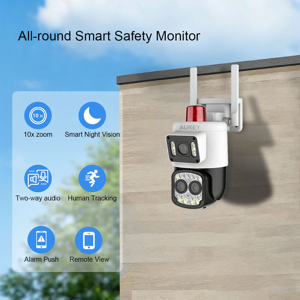 AUREY B5W 10X Zoom 4MP Dual-Lens WiFi PTZ Security Camera with Siren Alarm, Night Vision & Two-Way Audio