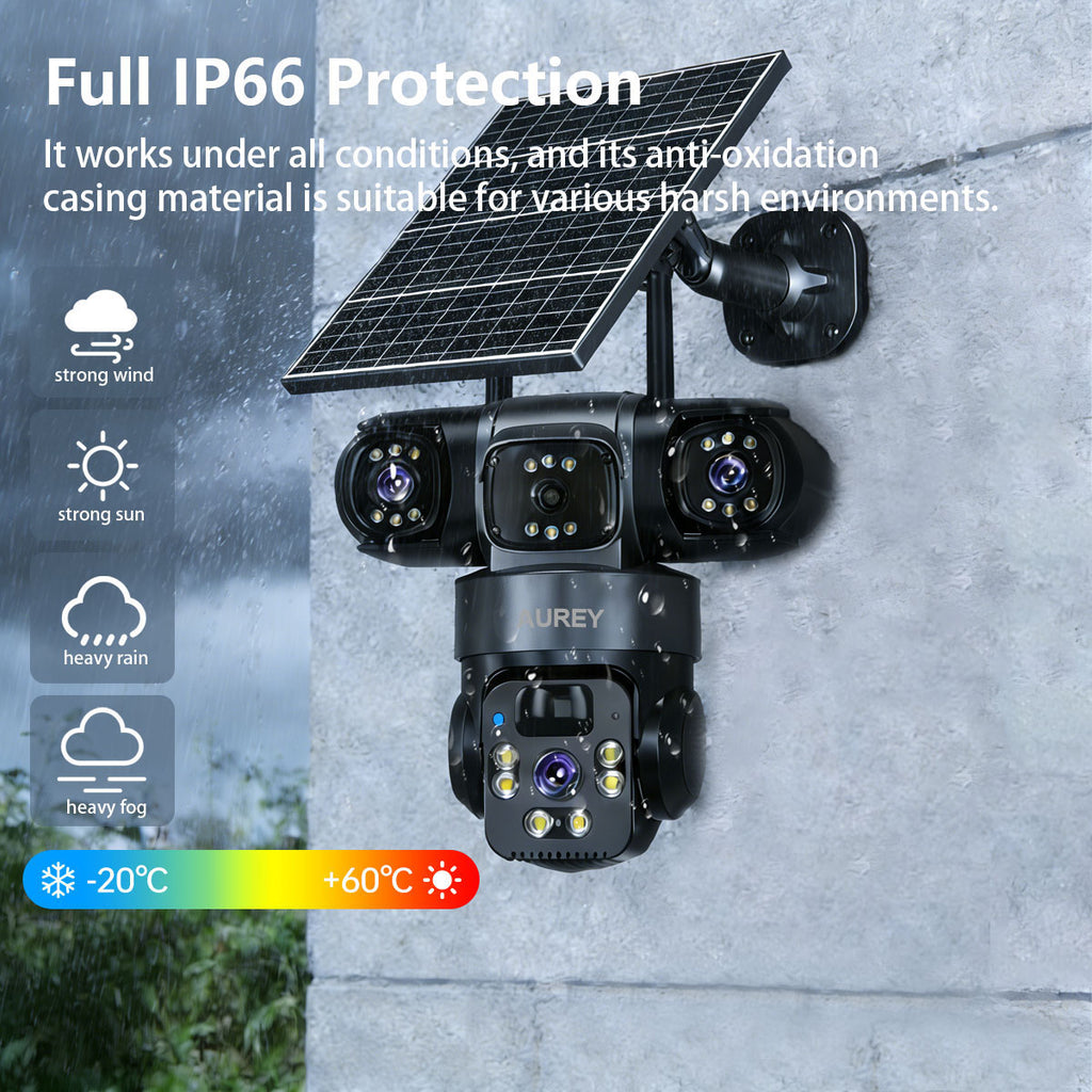 AUREY Solar 4G 6MP Triple-lens PTZ Security Camera – SIM Card, Motion Alerts