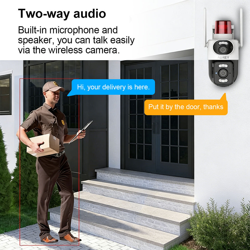 AUREY Dual-Lens WiFi 4MP PTZ Security Camera with Siren Alarm Light, Night Vision, Motion Detection & Two-Way Audio
