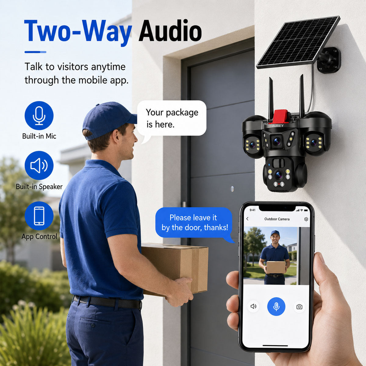 AUREY Solar 4G 6MP Triple-lens PTZ Battery Security Camera, Outdoor Camera with Night Vision, Motion Detection & Two-Way Audio