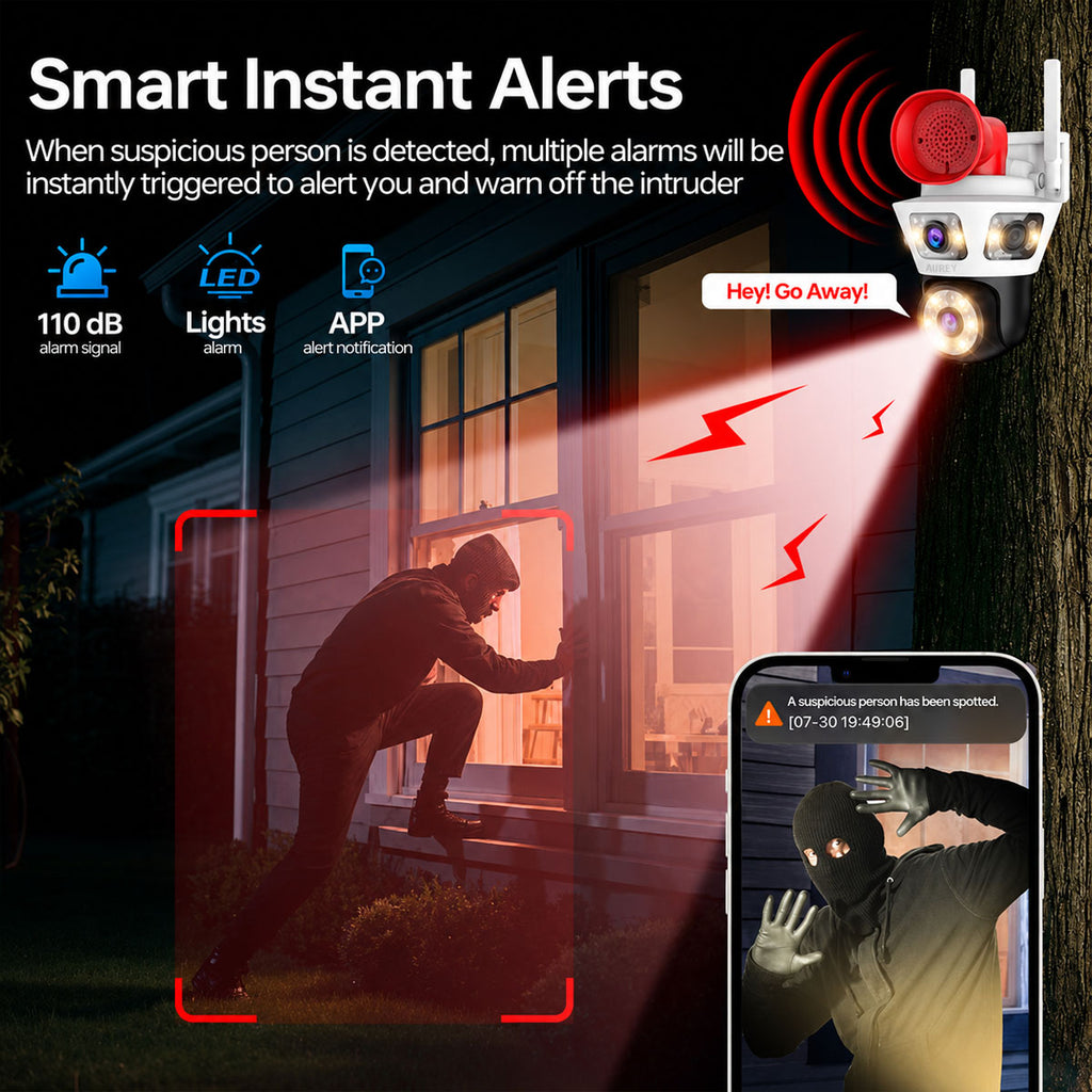 AUREY Dual-Lens  4MP WiFi PTZ Security Camera with Siren Alarm, Night Vision, Motion Detection & Two-Way Audio