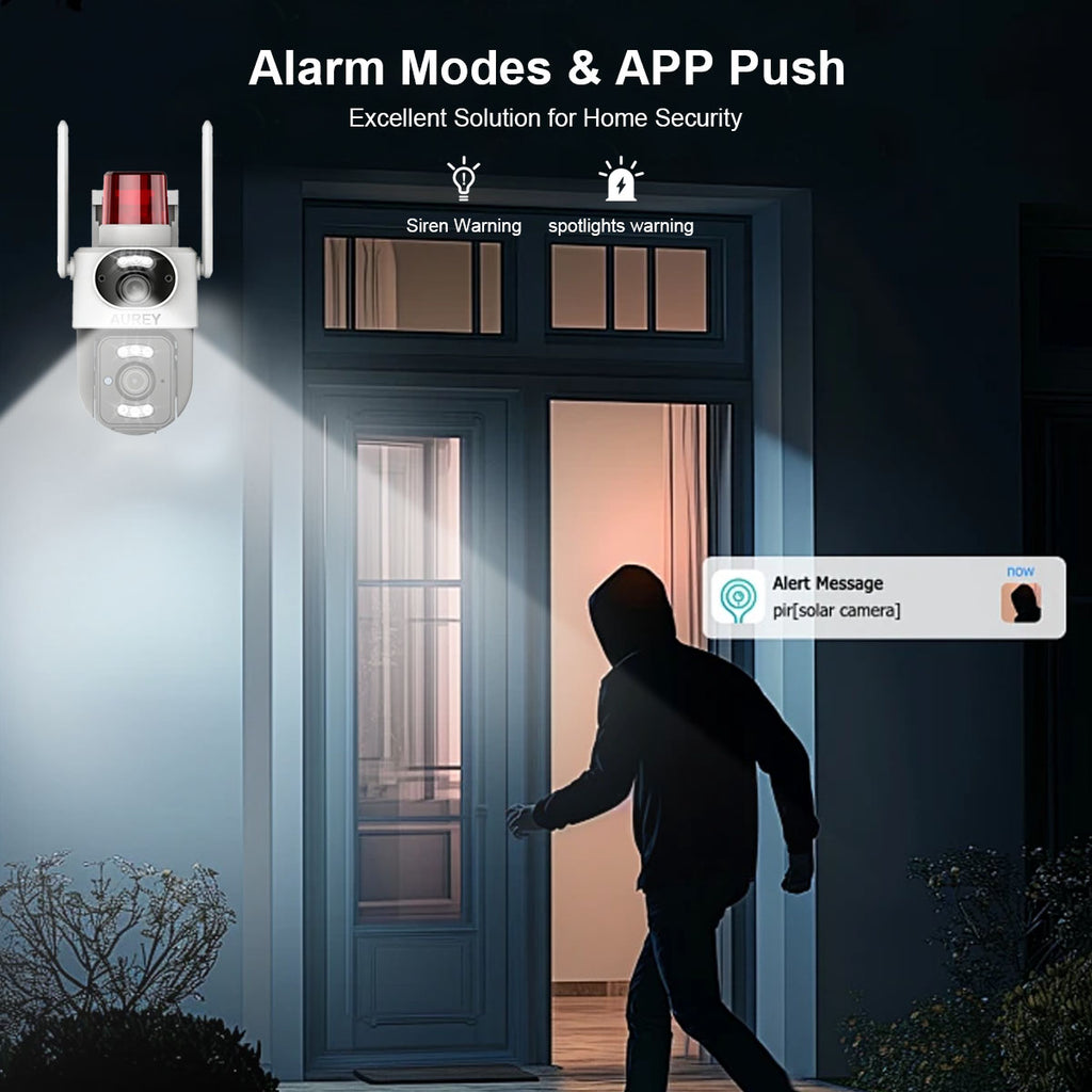 AUREY Dual-Lens WiFi 4MP PTZ Security Camera with Siren Alarm Light, Night Vision, Motion Detection & Two-Way Audio