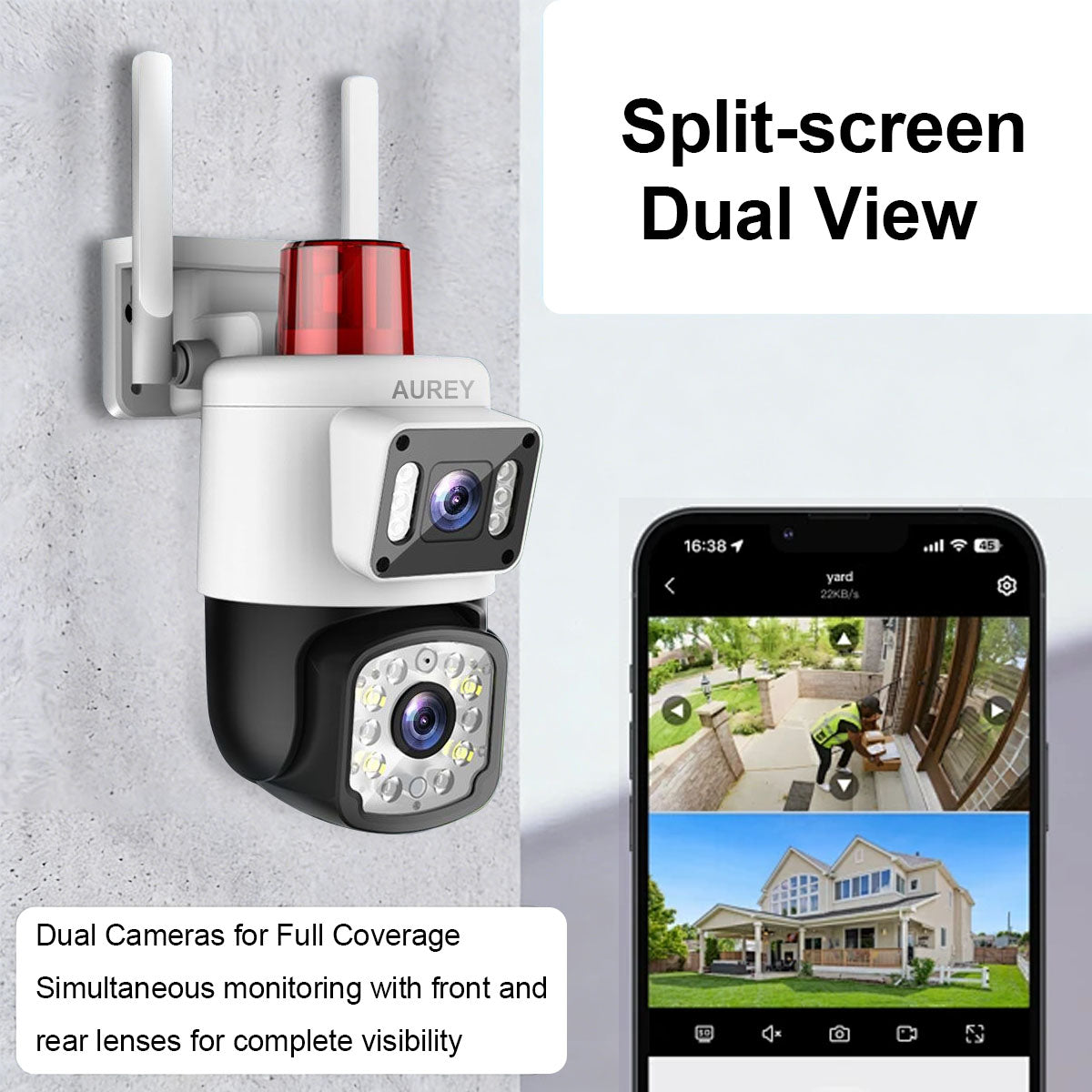 Dual-Lens WiFi 4MP  PTZ Security Camera with Siren Alarm Light, Outdoor Camera with Night Vision & Two-Way Audio