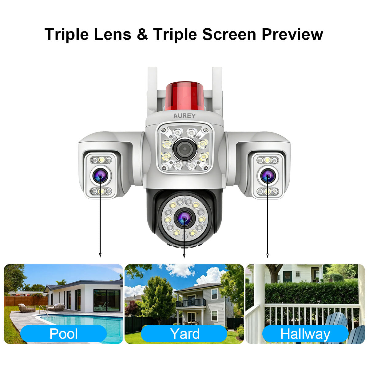 AUREY Triple-lens WiFi 6MP PTZ Security Camera with Siren Alarm, Night Vision, Motion Detection & Two-Way Audio