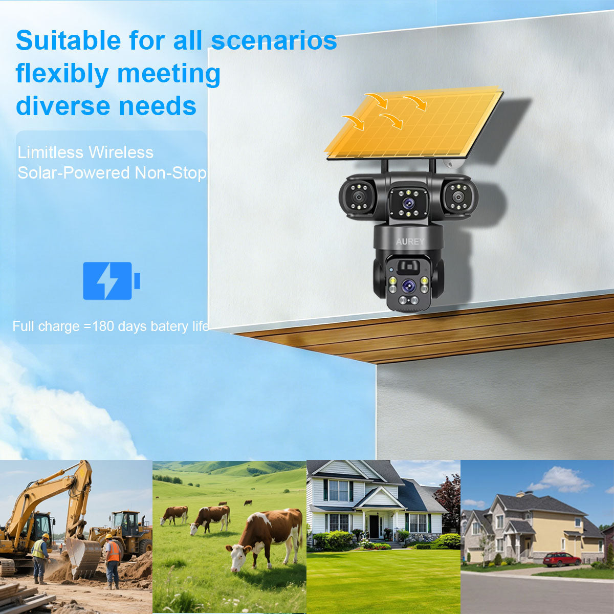 AUREY Solar 4G 6MP Triple-lens PTZ Security Camera – SIM Card, Motion Alerts