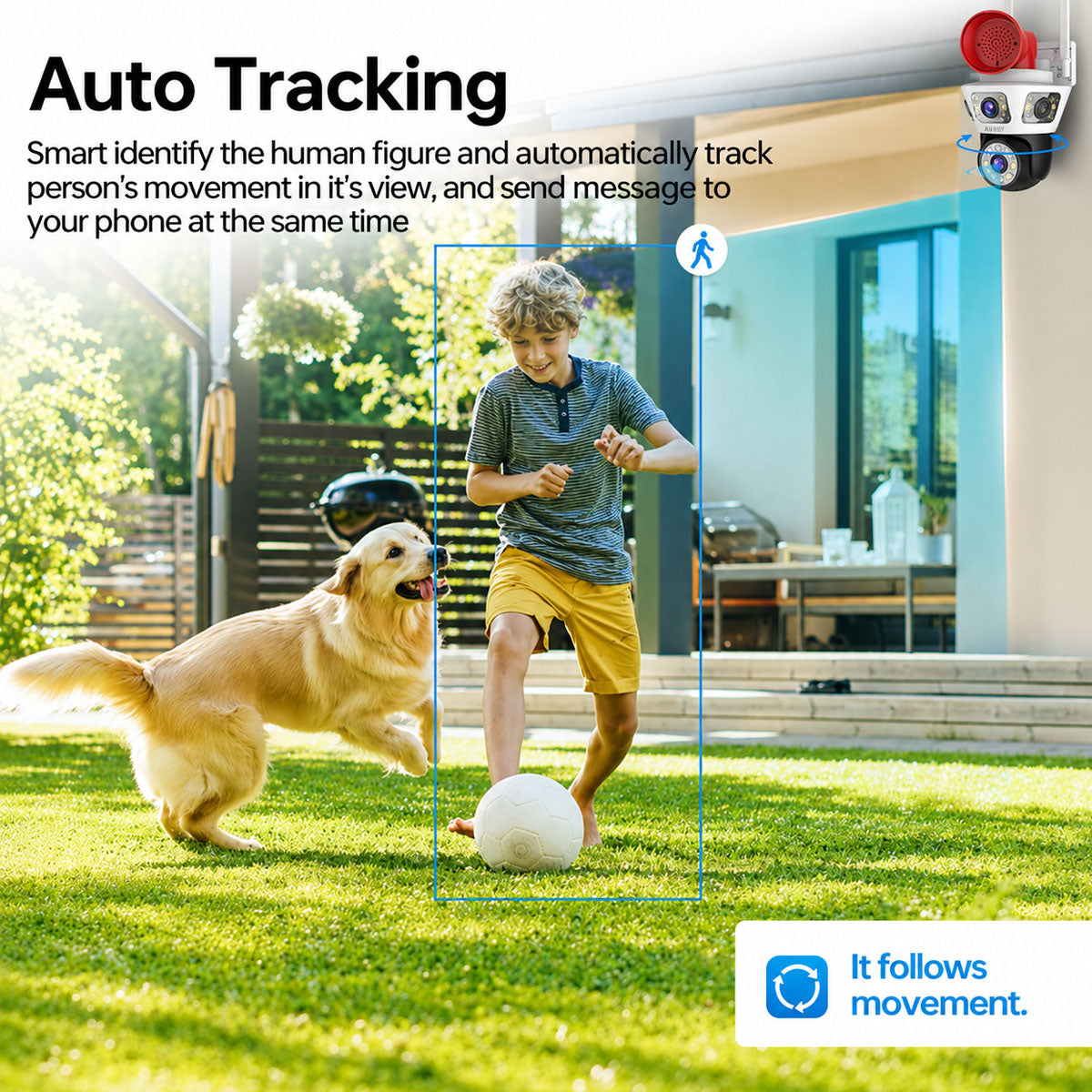AUREY Dual-Lens  4MP WiFi PTZ Security Camera with Siren Alarm, Night Vision, Motion Detection & Two-Way Audio