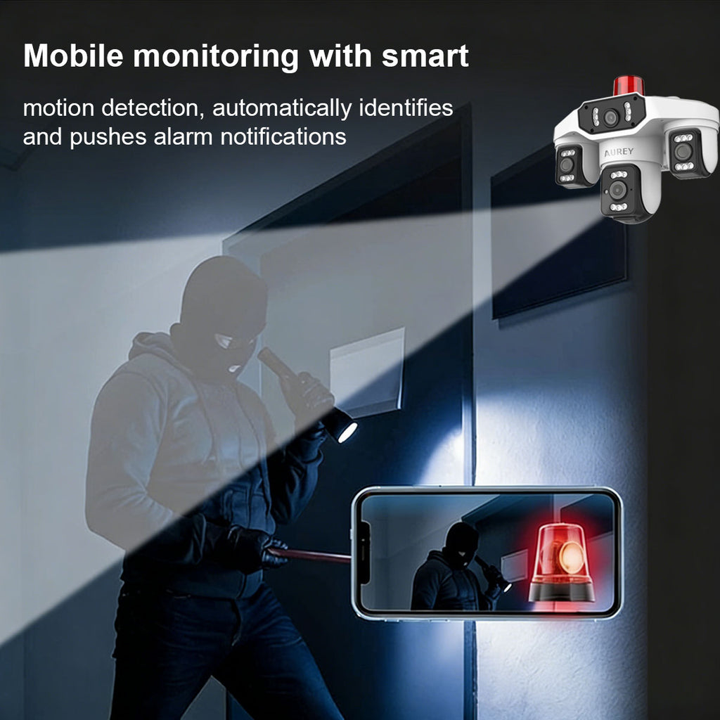 AUREY Triple-lens WiFi 6MP  PTZ Security Camera with Siren Alarm, Night Vision, Motion Detection & Two-Way Audio