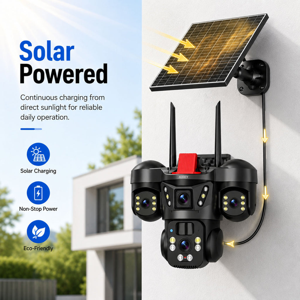 AUREY Solar 4G 6MP Triple-lens PTZ Battery Security Camera, Outdoor Camera with Night Vision, Motion Detection & Two-Way Audio