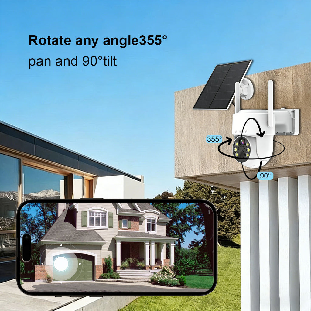 AUREY WiFi 5MP Solar Security Camera, Outdoor PTZ CCTV Camera with Solar Panel & Remote App Viewing