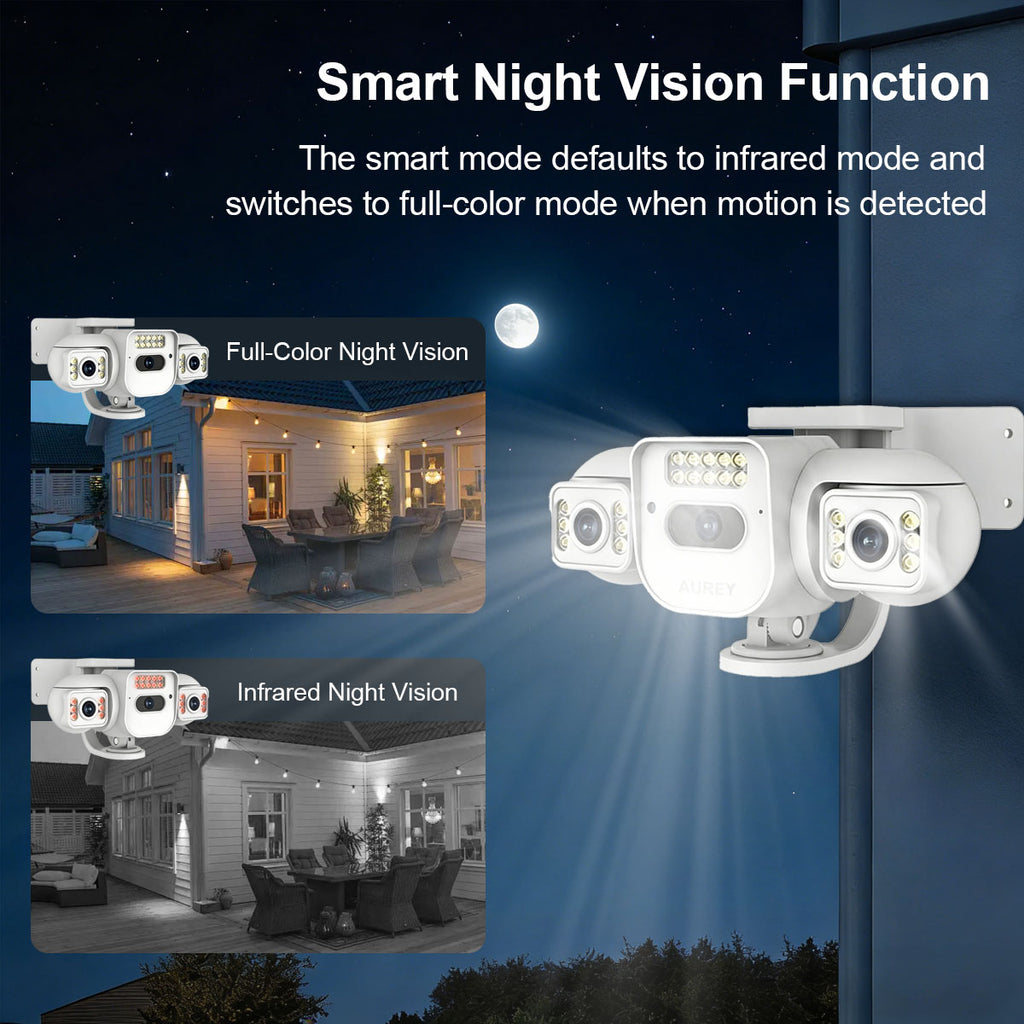 AUREY Triple-lens 6MP PTZ Outdoor Security Camera with Night Vision, Motion Detection & Two-Way Audio