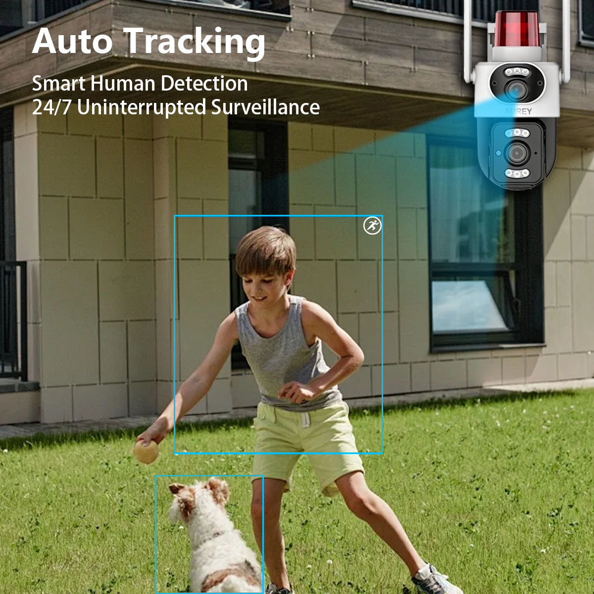AUREY Dual-Lens WiFi 4MP PTZ Security Camera with Siren Alarm Light, Night Vision, Motion Detection & Two-Way Audio
