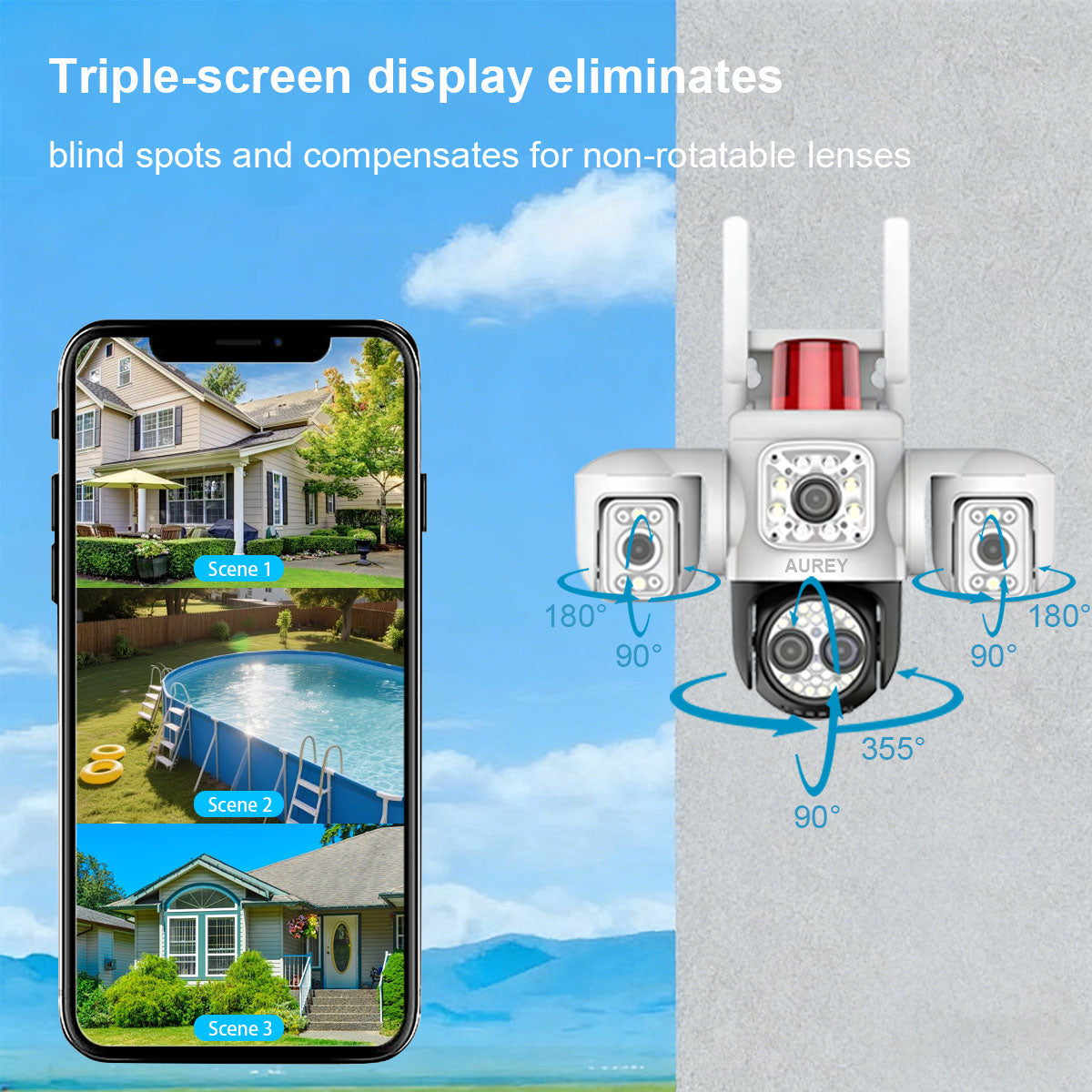 AUREY B3W-1 10X Zoom 6MP Triple-lens WiFi PTZ Security Camera , Siren Alarm, Night Vision & Two-Way Audio