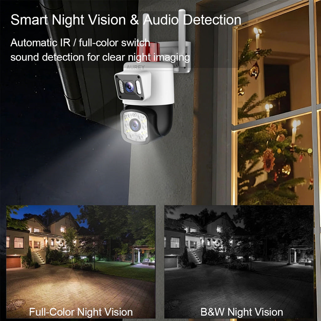 Dual-Lens WiFi 4MP  PTZ Security Camera with Siren Alarm Light, Outdoor Camera with Night Vision & Two-Way Audio