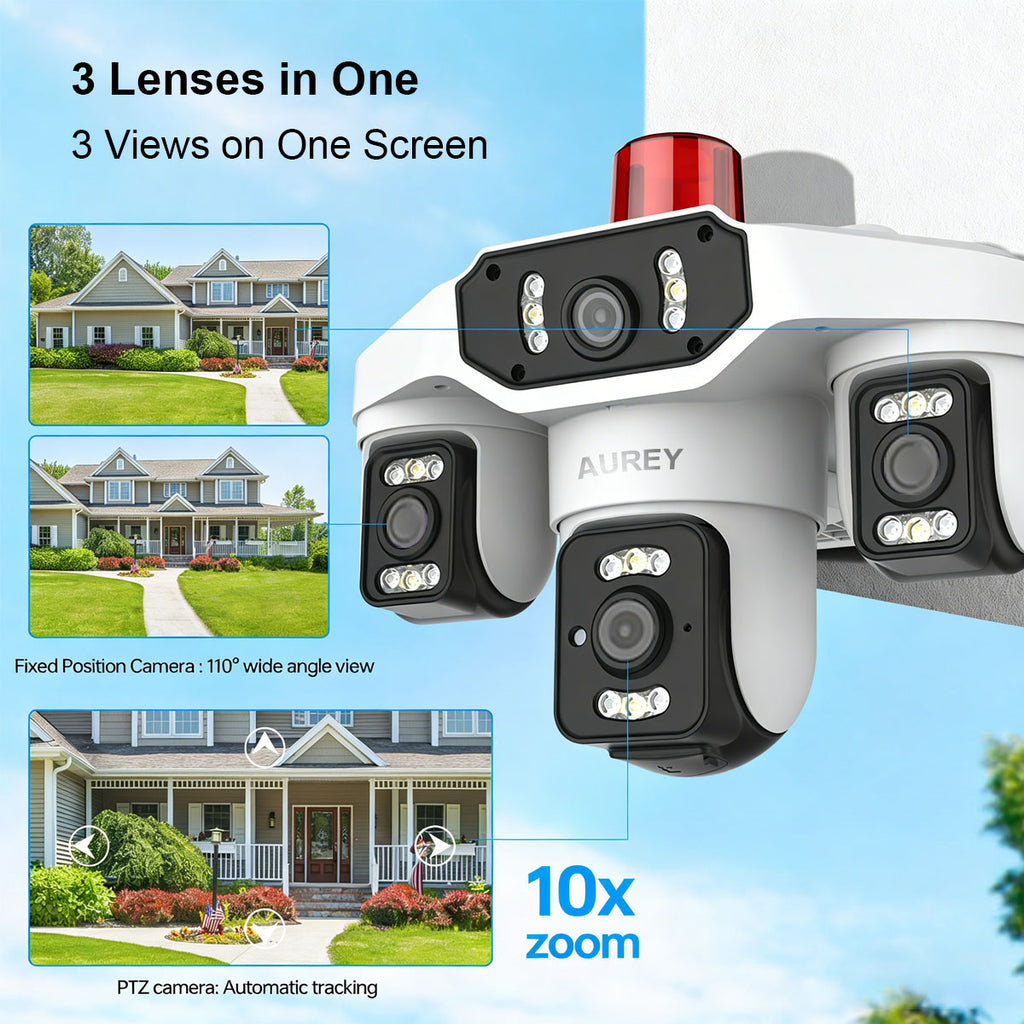 AUREY Triple-lens WiFi 6MP  PTZ Security Camera with Siren Alarm, Night Vision, Motion Detection & Two-Way Audio