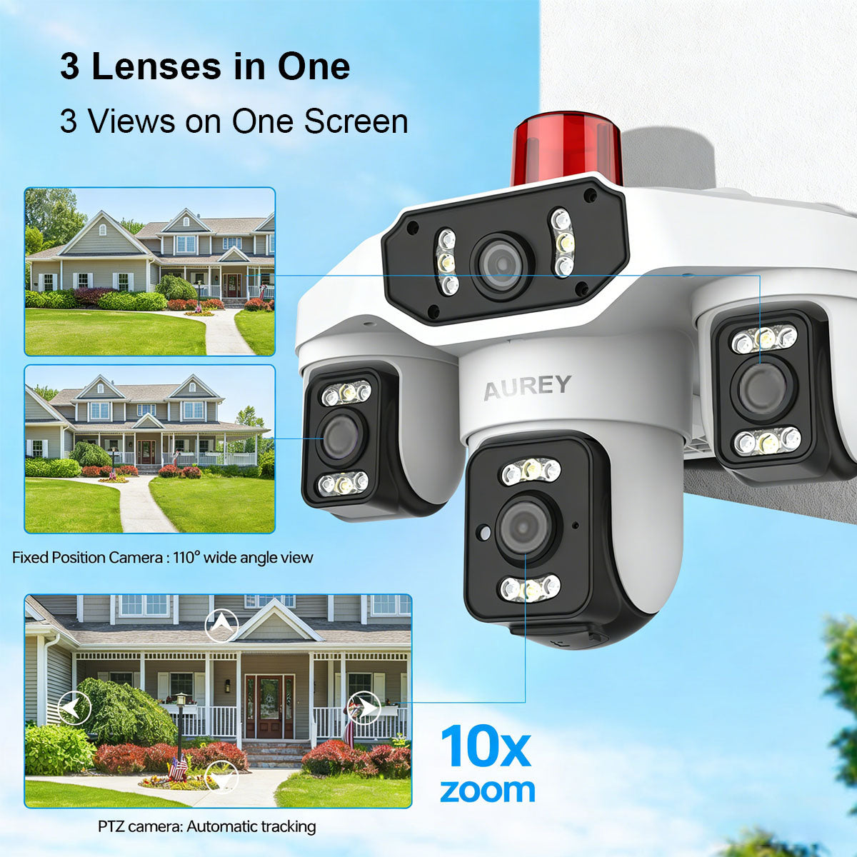 AUREY Triple-lens WiFi 6MP  PTZ Security Camera with Siren Alarm, Night Vision, Motion Detection & Two-Way Audio