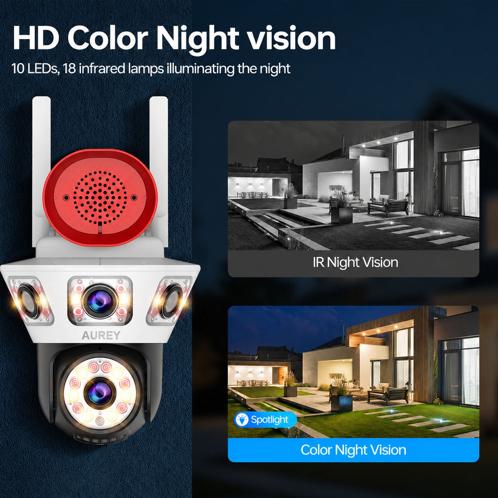 AUREY Dual-Lens  4MP WiFi PTZ Security Camera with Siren Alarm, Night Vision, Motion Detection & Two-Way Audio