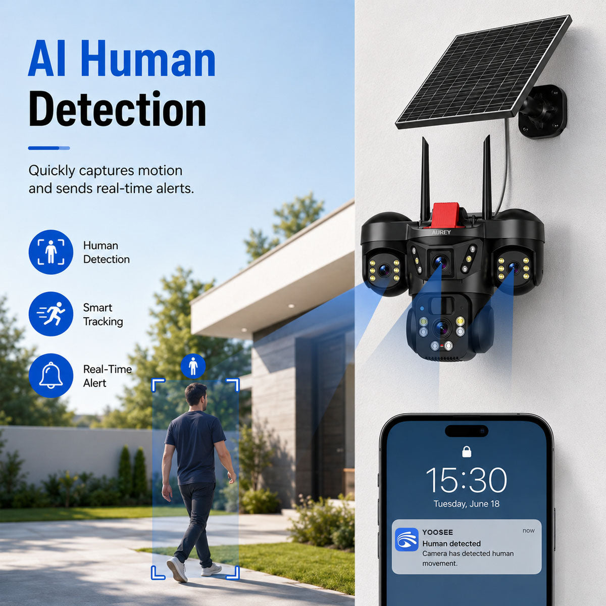 AUREY Solar 4G 6MP Triple-lens PTZ Battery Security Camera, Outdoor Camera with Night Vision, Motion Detection & Two-Way Audio