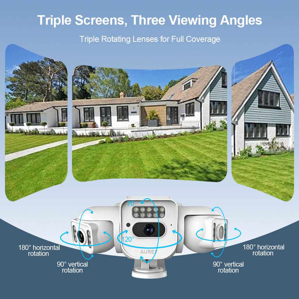 AUREY Triple-lens 6MP PTZ Outdoor Security Camera with Night Vision, Motion Detection & Two-Way Audio