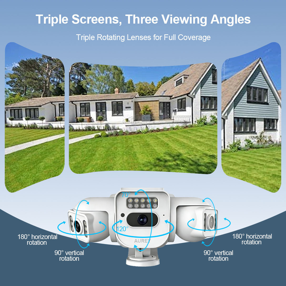 AUREY Triple-lens 6MP PTZ Outdoor Security Camera with Night Vision, Motion Detection & Two-Way Audio