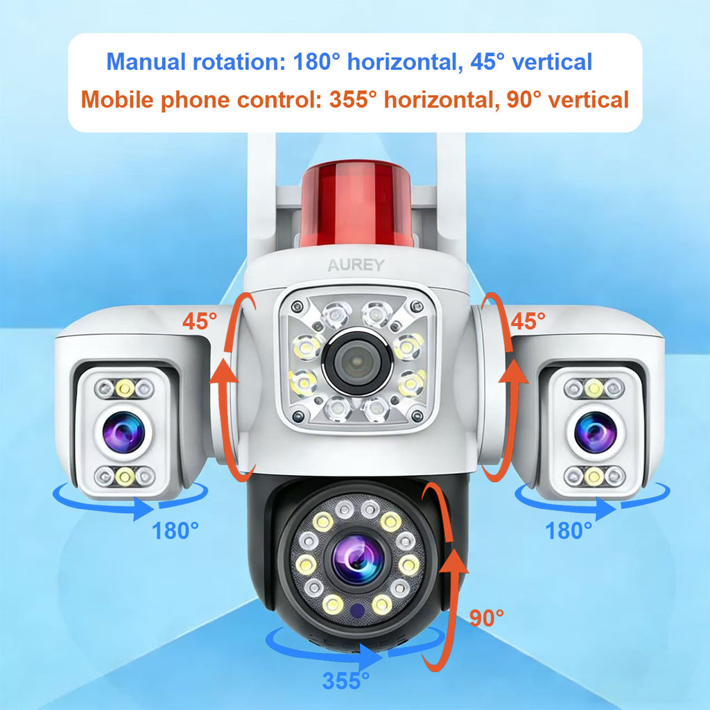 AUREY Triple-lens WiFi 6MP PTZ Security Camera with Siren Alarm, Night Vision, Motion Detection & Two-Way Audio