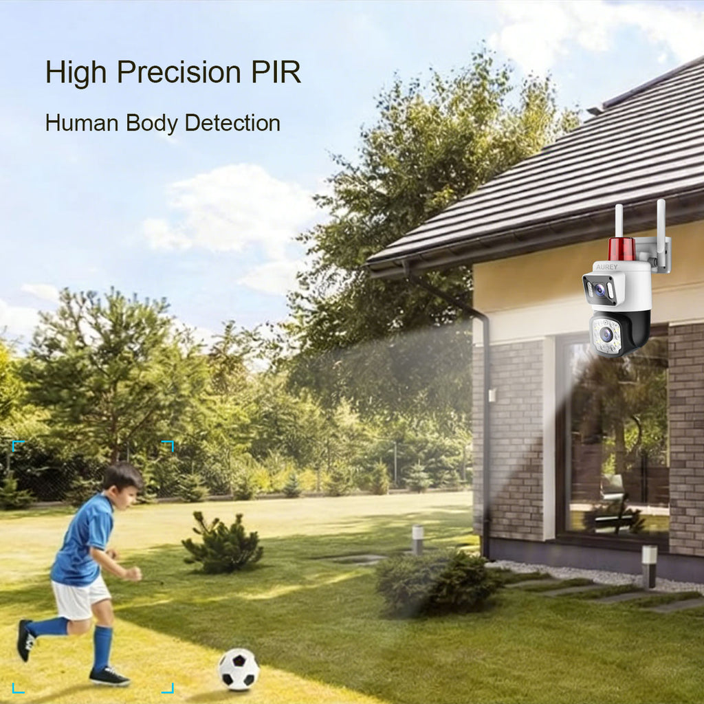 Dual-Lens WiFi 4MP  PTZ Security Camera with Siren Alarm Light, Outdoor Camera with Night Vision & Two-Way Audio