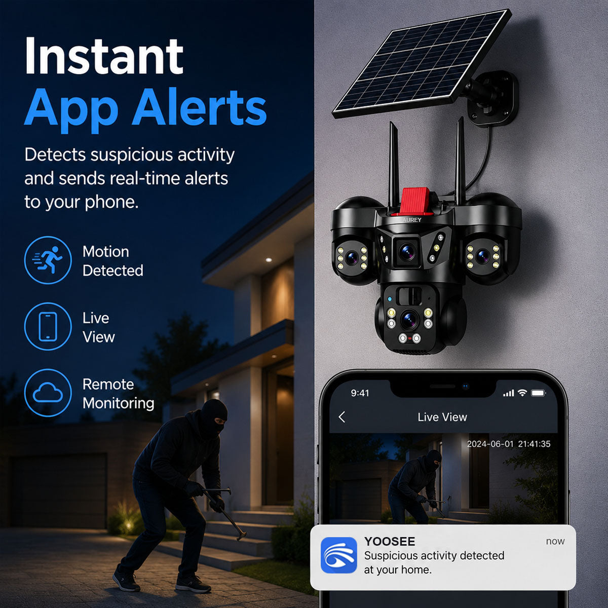 AUREY Solar 4G 6MP Triple-lens PTZ Battery Security Camera, Outdoor Camera with Night Vision, Motion Detection & Two-Way Audio