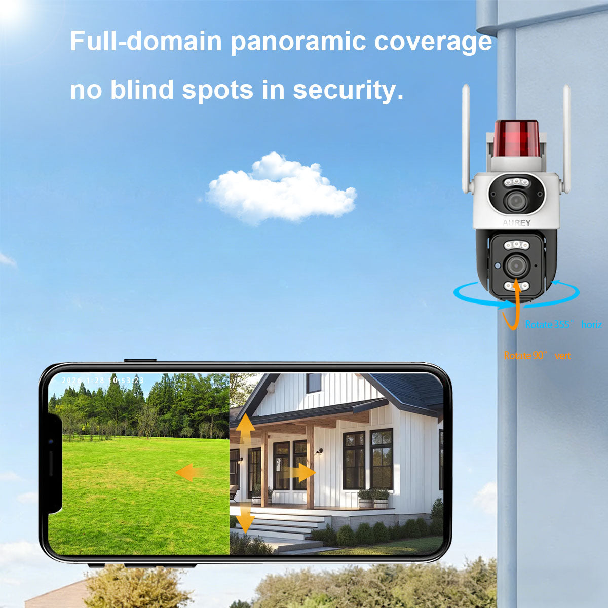 AUREY Dual-Lens WiFi 4MP PTZ Security Camera with Siren Alarm Light, Night Vision, Motion Detection & Two-Way Audio