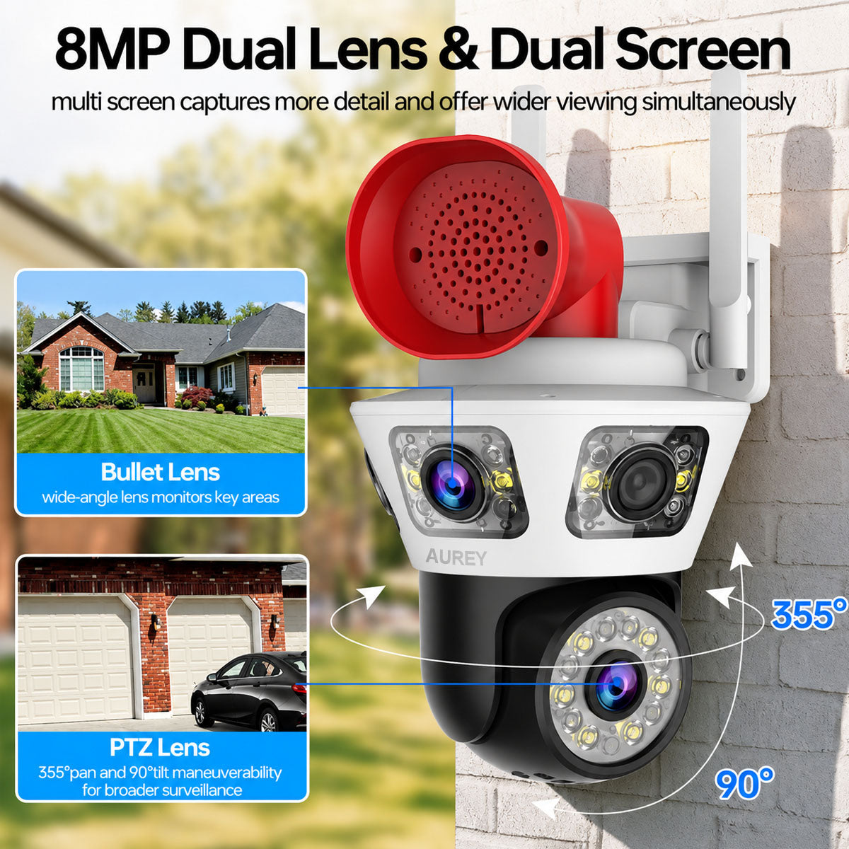 AUREY Dual-Lens  4MP WiFi PTZ Security Camera with Siren Alarm, Night Vision, Motion Detection & Two-Way Audio
