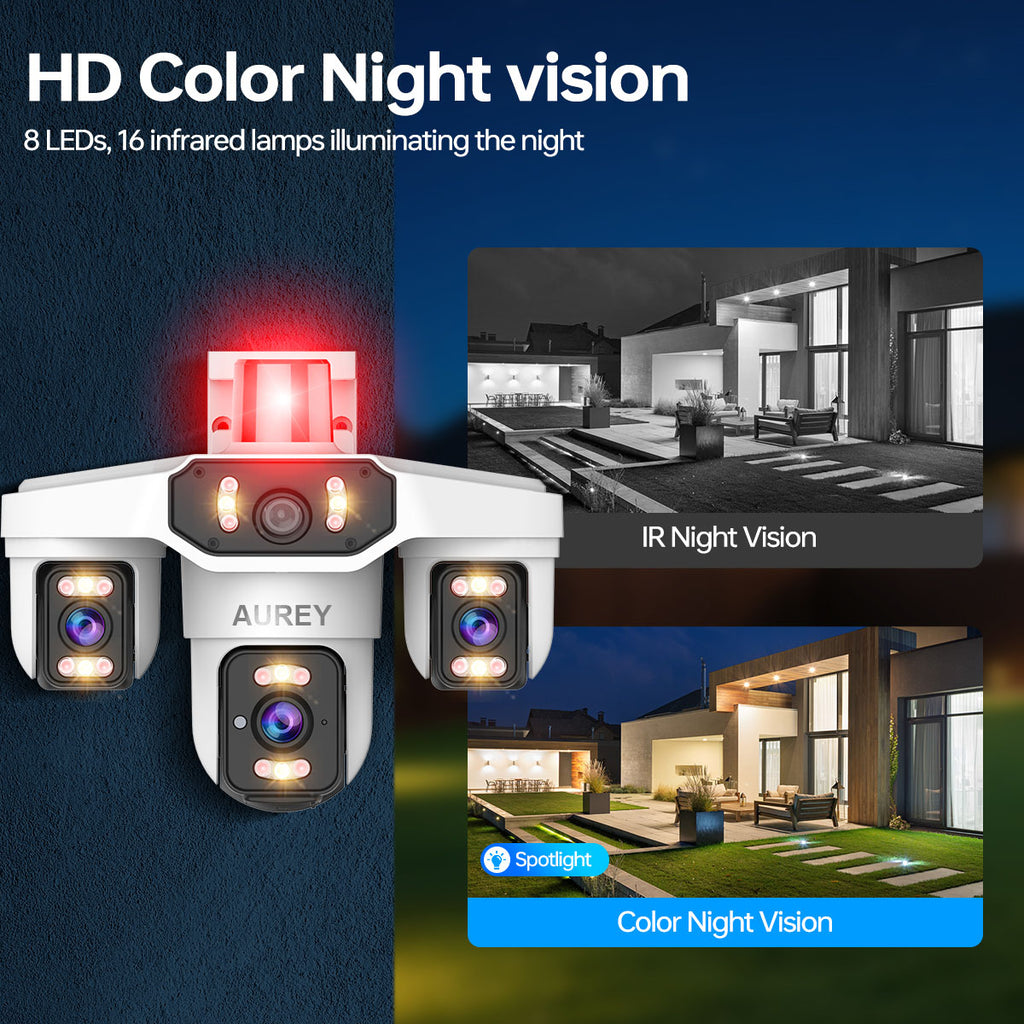AUREY Triple-lens WiFi 6MP  PTZ Security Camera with Siren Alarm, Night Vision, Motion Detection & Two-Way Audio