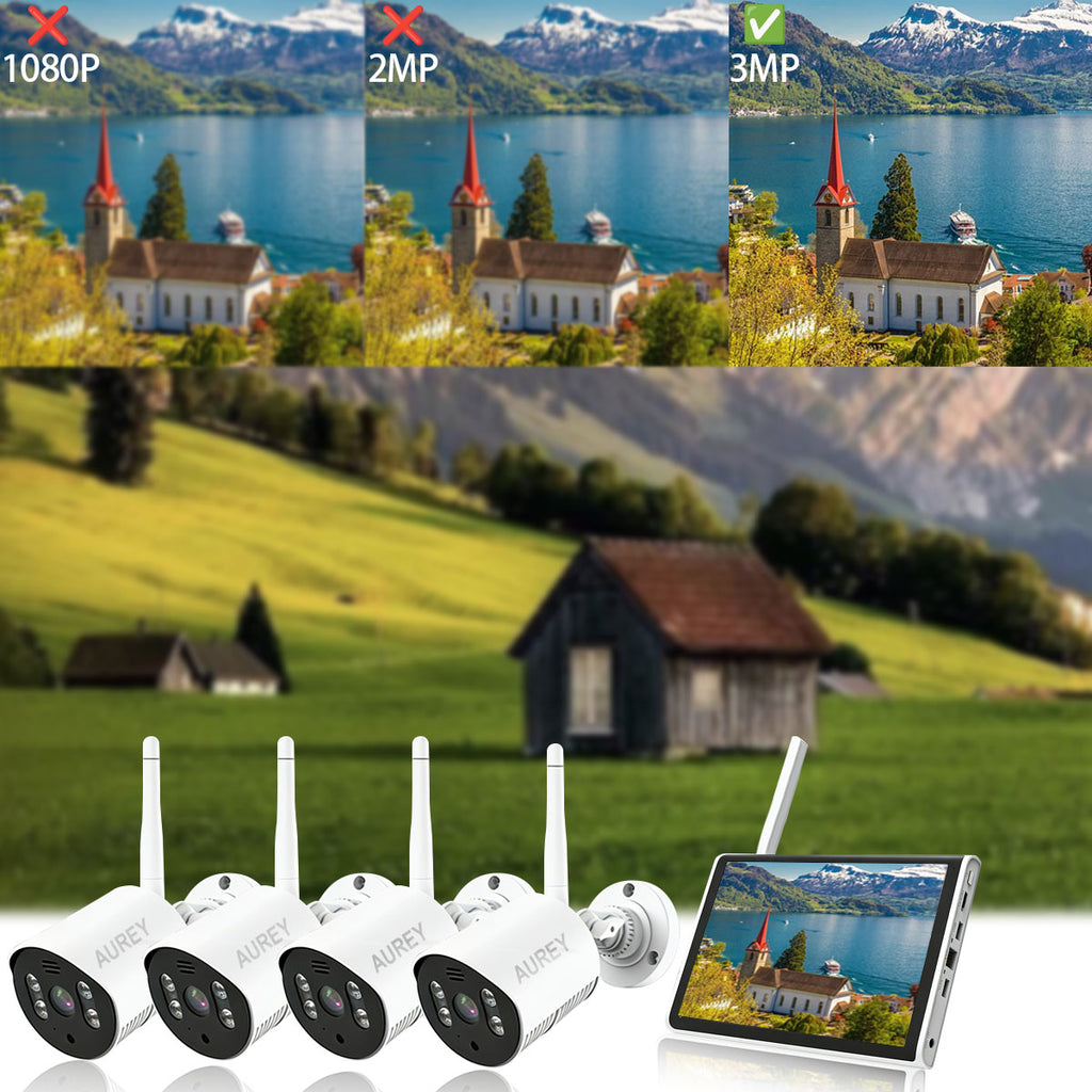 AUREY 4-Channel 3MP WIFI Security Camera System with Monitor, 4-Camera CCTV Kit with Screen, Night Vision & Remote Viewing, Hard Drive Not Included