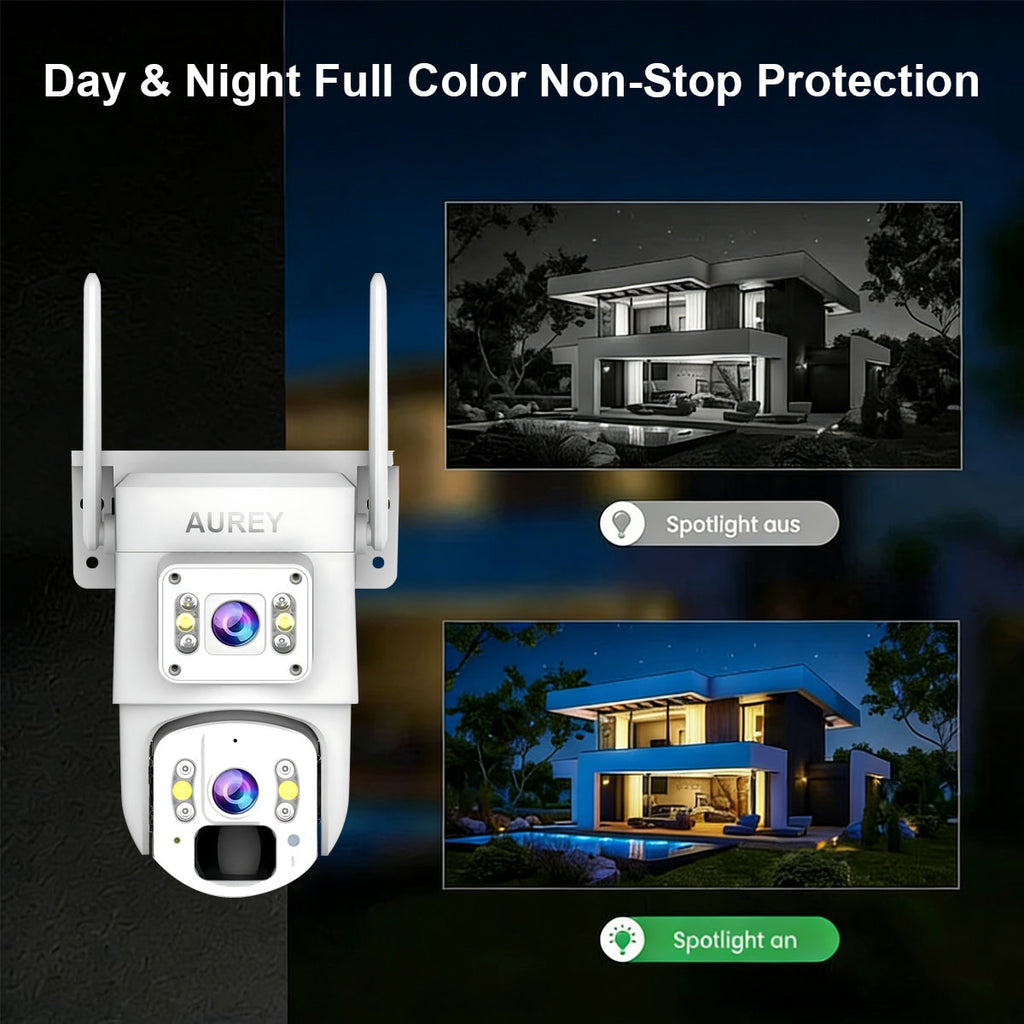 AUREY Solar 4G Dual-Lens 4MP PTZ Security Camera,Outdoor Camera with Smart alarm, Two-Way Audio & IP66 Waterproof