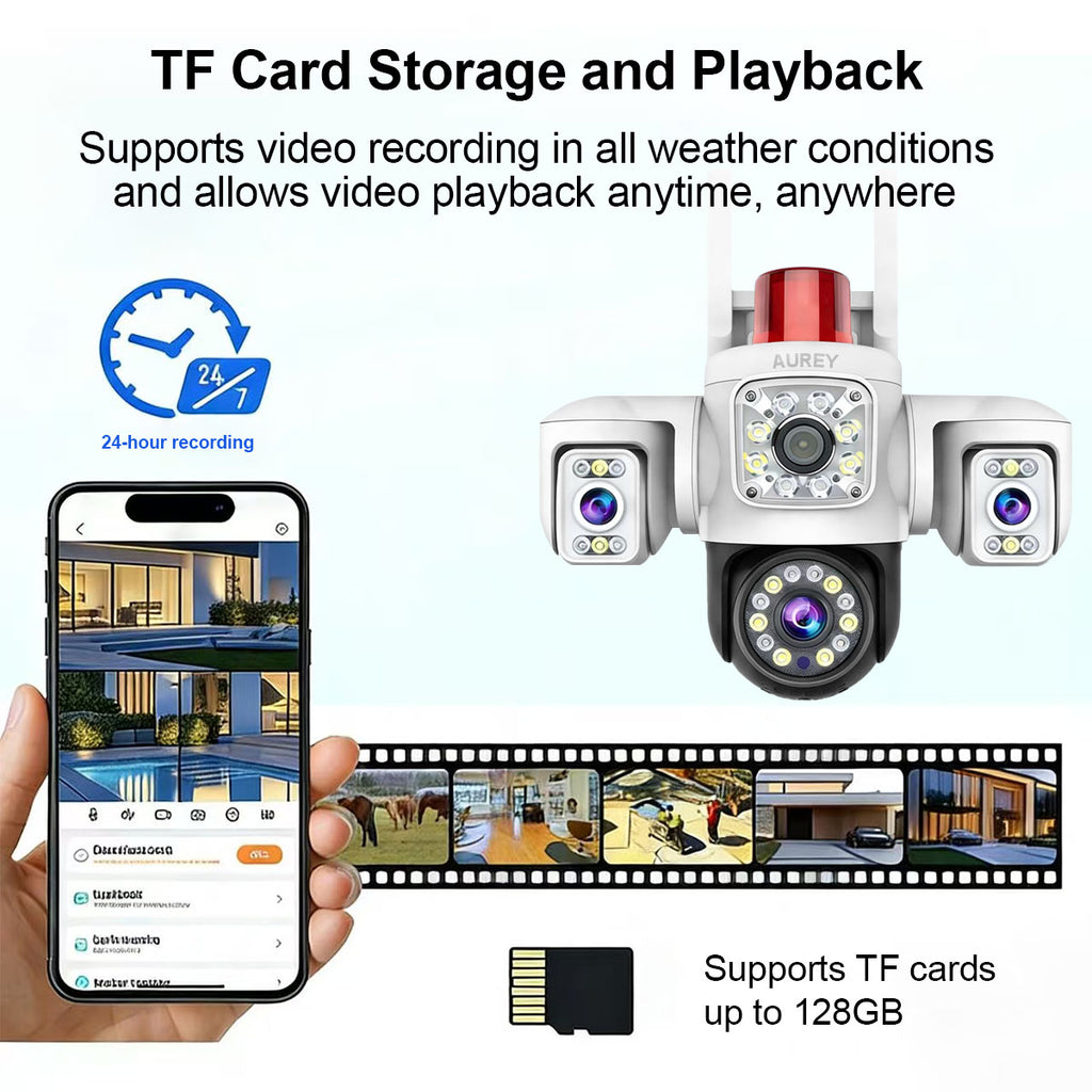 AUREY Triple-lens WiFi 6MP PTZ Security Camera with Siren Alarm, Night Vision, Motion Detection & Two-Way Audio